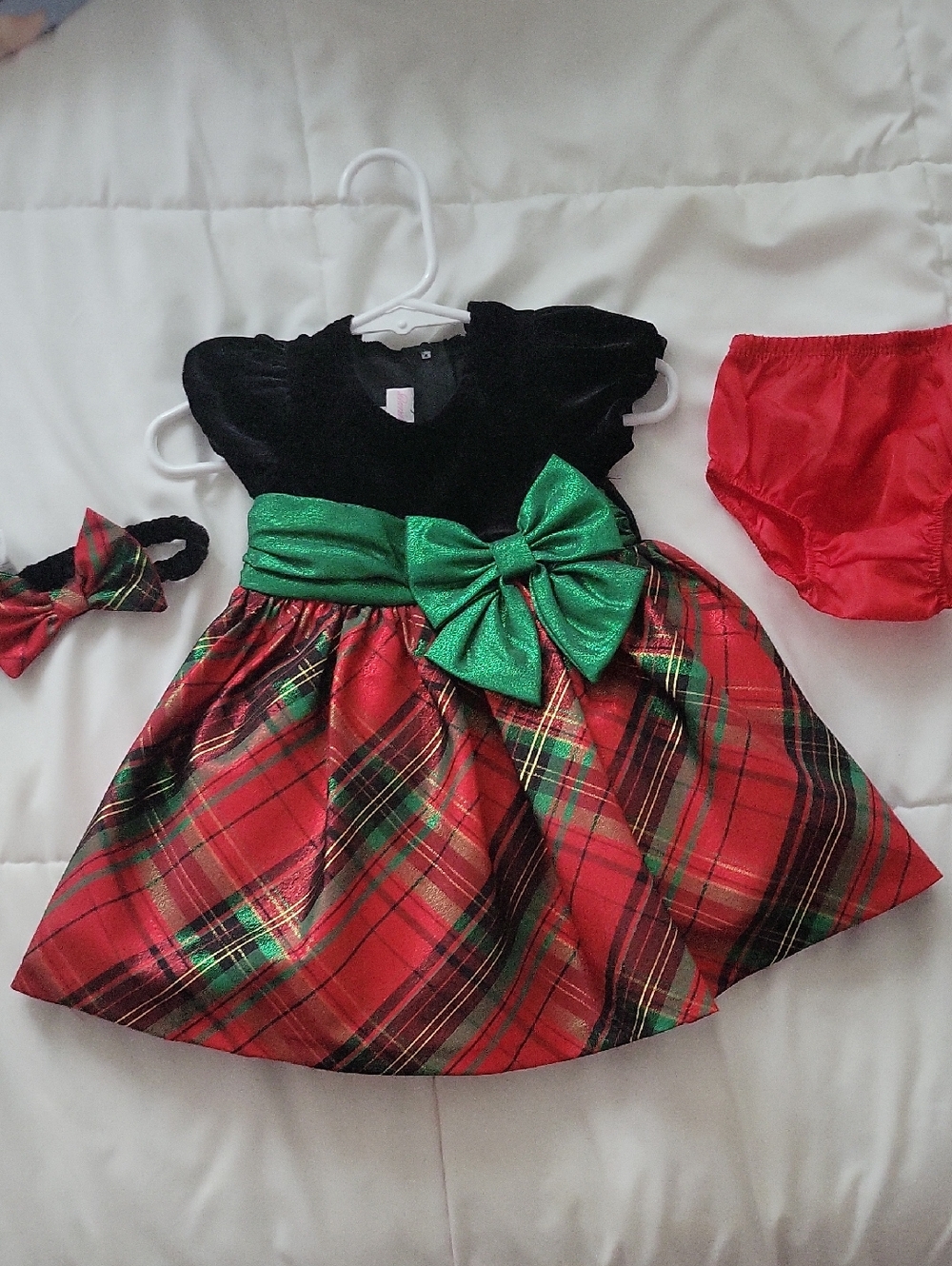 Bonnie Baby Red Plaid Velvet Dress with Green Bow